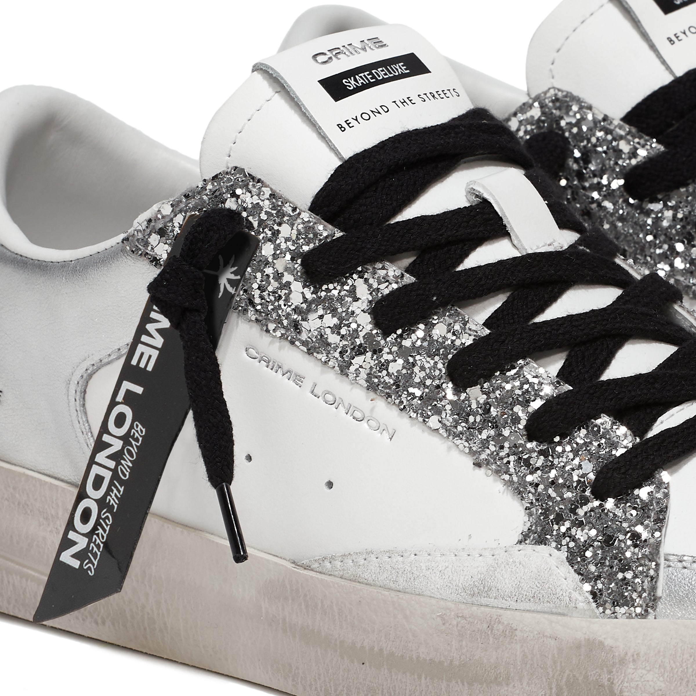 Crime London Sk8 Deluxe Silver Glam Lace Up Trainers 