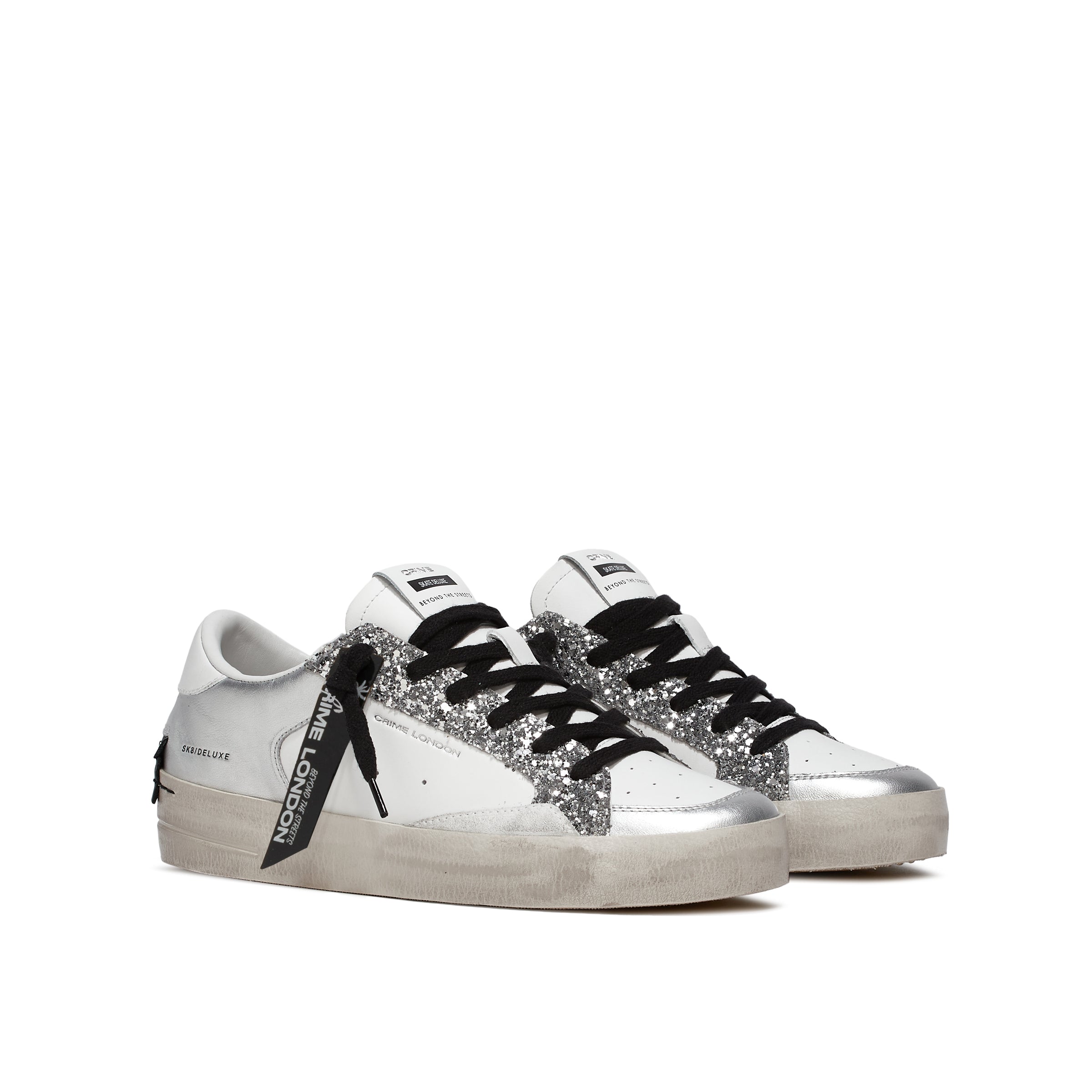 Crime London Sk8 Deluxe Platform Sole Trainers in Silver Glam