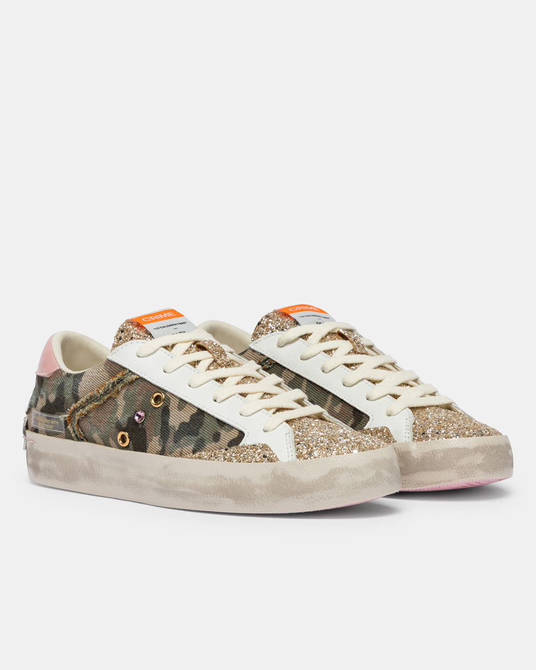 Crime London Flash camo distressed trainers pair view