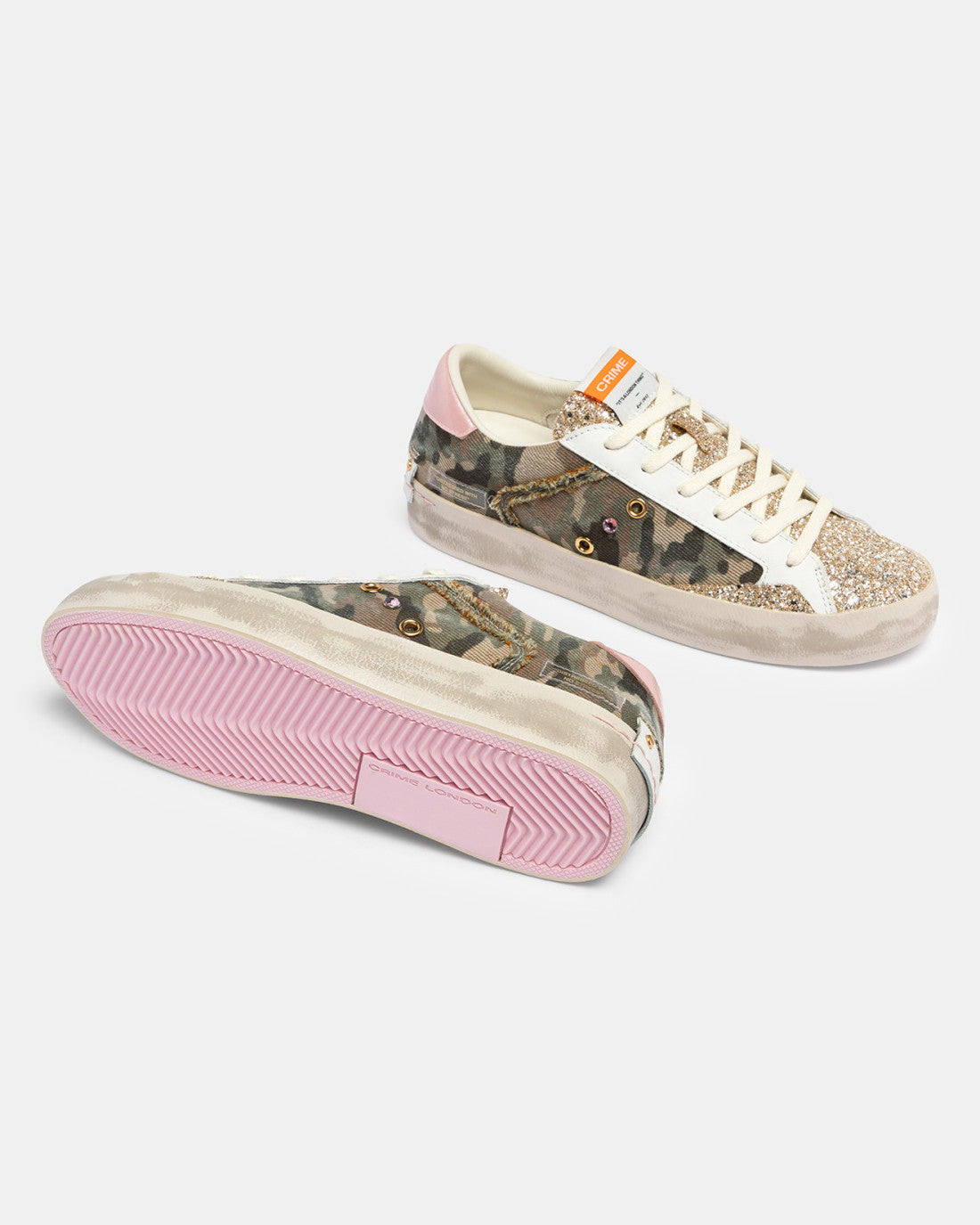 Crime London camouflage trainers pink rubber sole detail