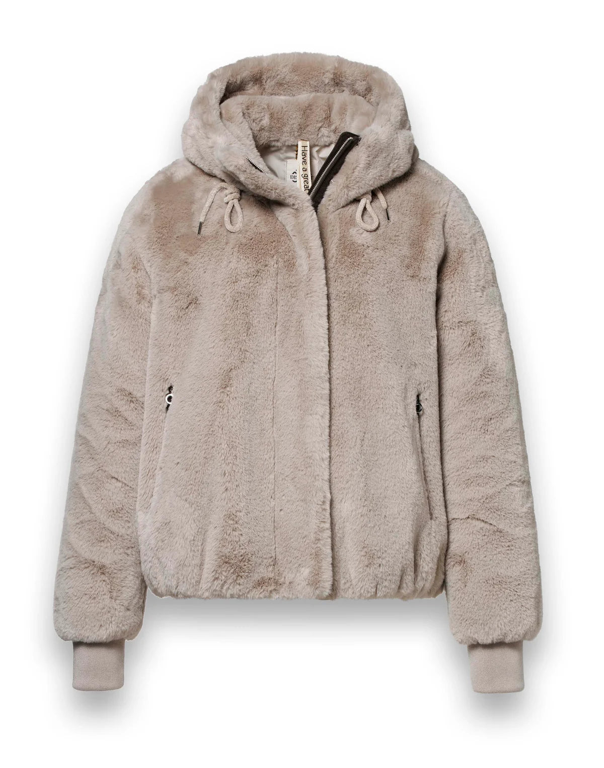 District Bonbon light sand faux fur hooded teddy bomber jacket – front product view