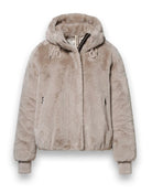 District Bonbon light sand faux fur hooded teddy bomber jacket – front product view