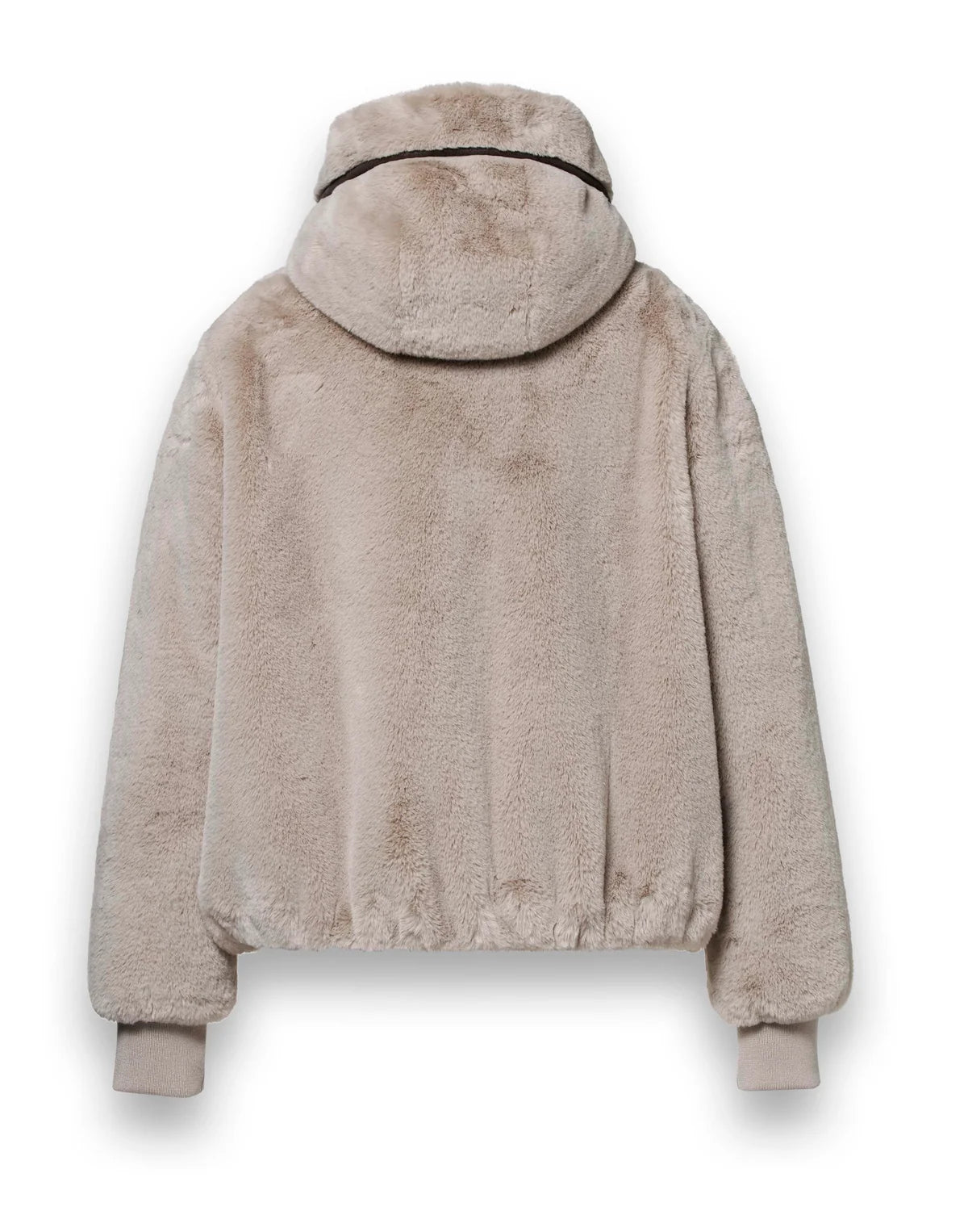 District Bonbon light sand faux fur bomber jacket with ribbed cuffs – rear view