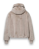 District Bonbon light sand faux fur bomber jacket with ribbed cuffs – rear view