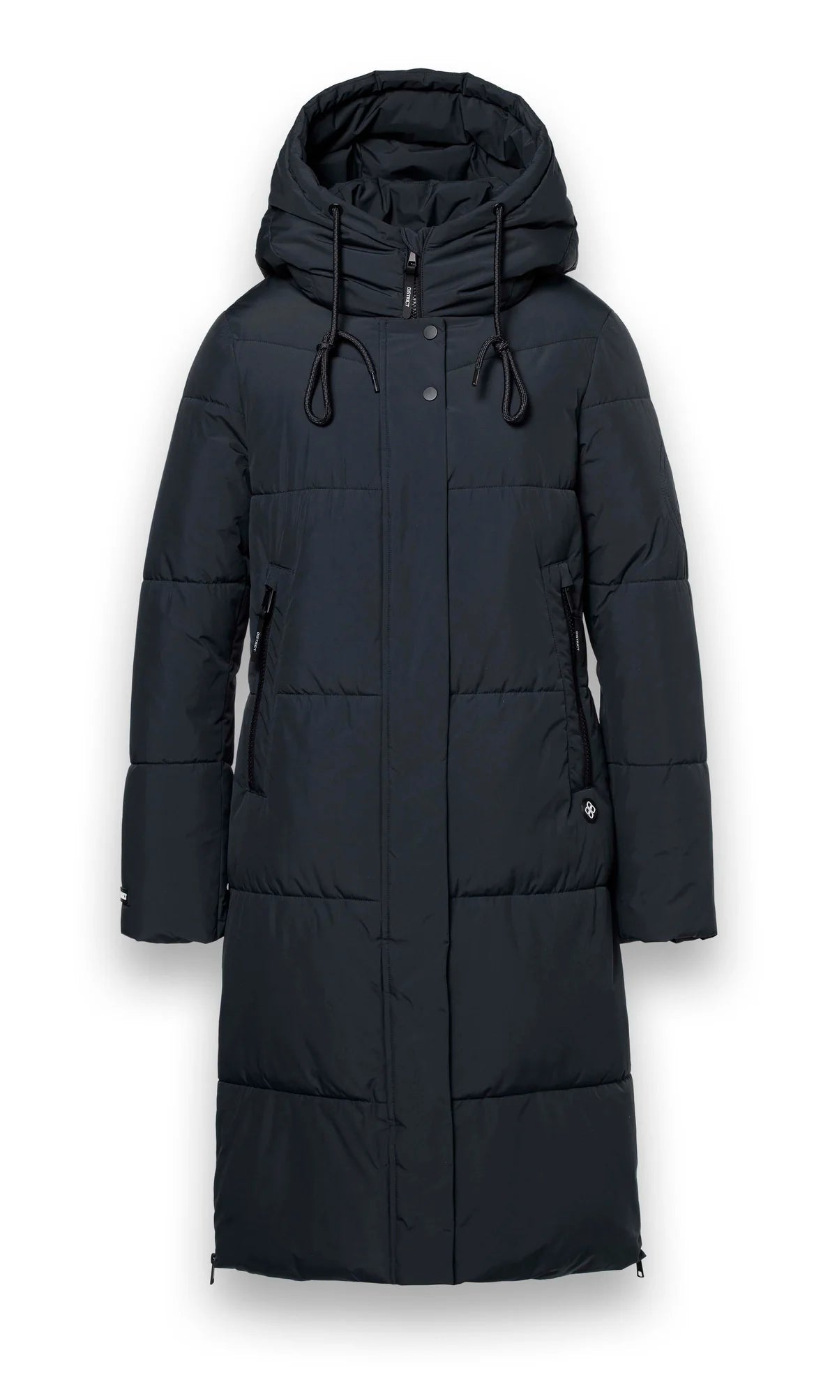 District Lungo long hooded padded coat showing adjustable hood and quilted panels
