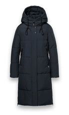 District Lungo long hooded padded coat showing adjustable hood and quilted panels