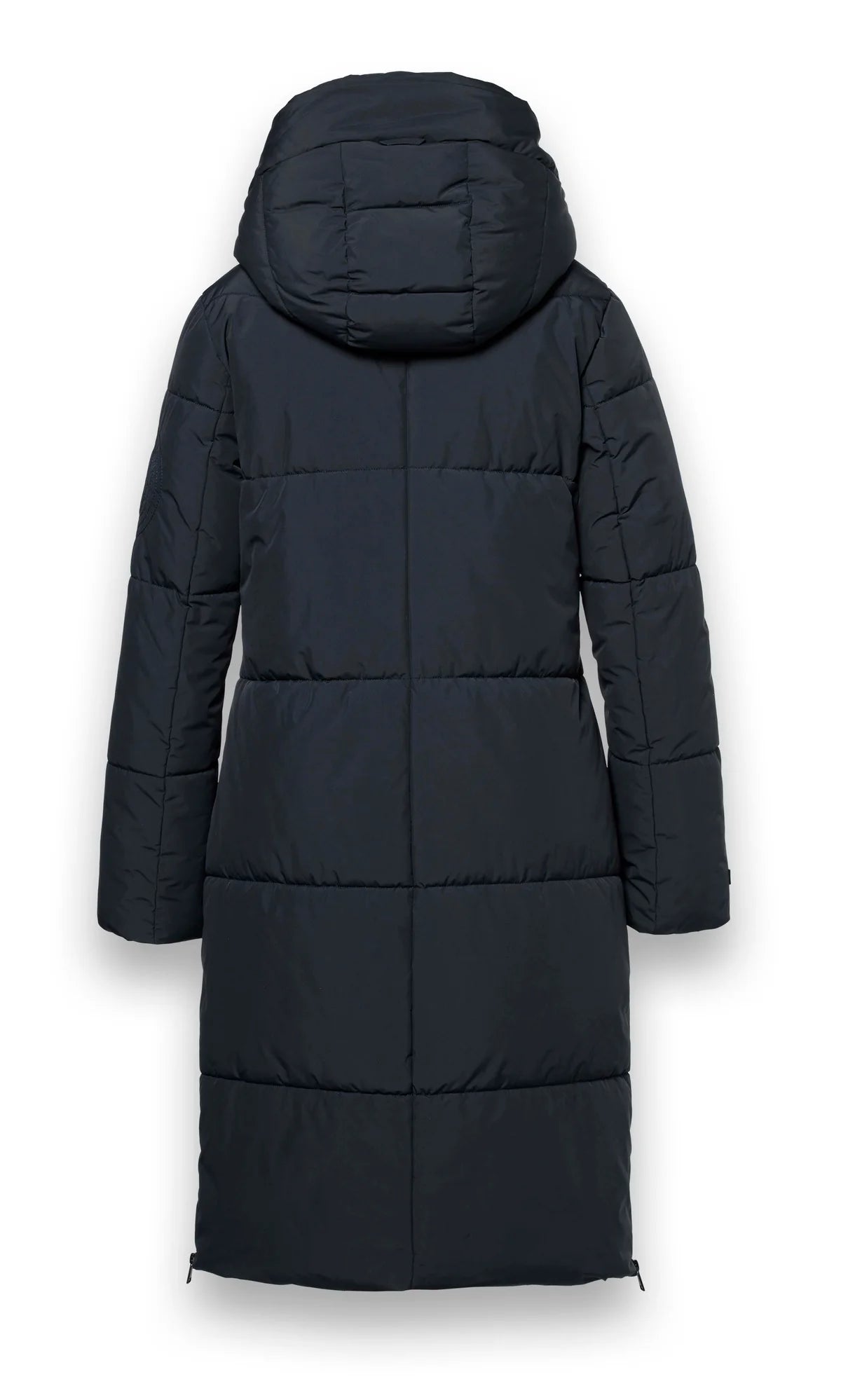 District Lungo long padded winter coat front view with hood and zip fastening