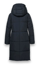 District Lungo long padded winter coat front view with hood and zip fastening