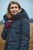 District Lungo long hooded padded coat back view showing quilted silhouette
