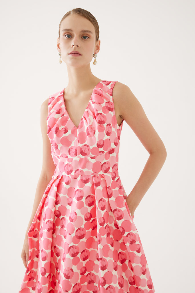 Exquise Pink Dot Print Sleeveless V Neck Midi Dress With Pockets