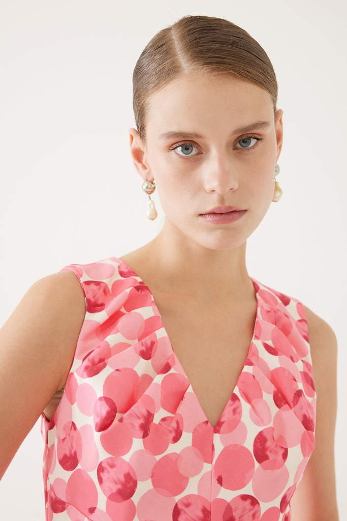 Exquise Pink Dot Print Sleeveless Volume Midi Dress With V Neck