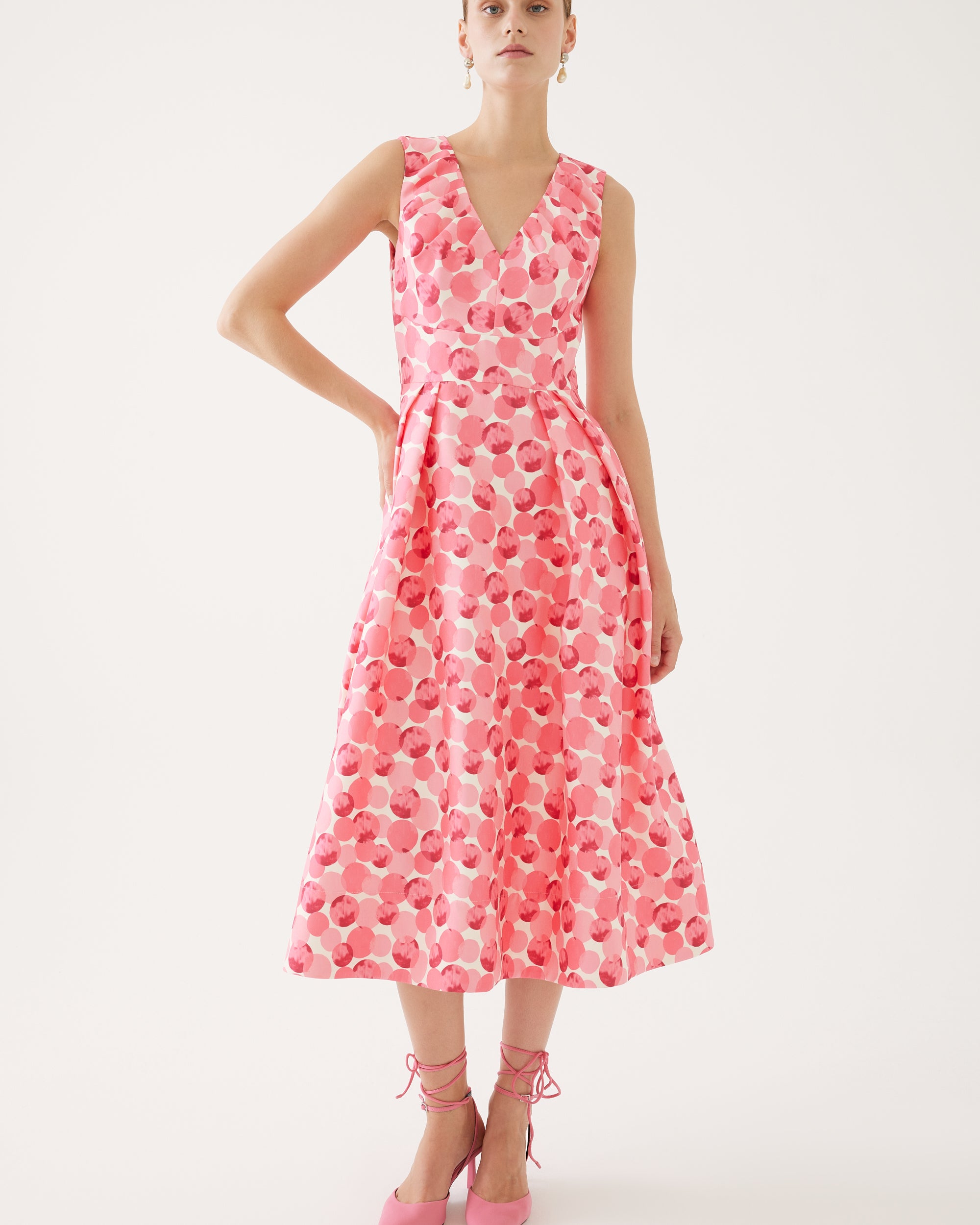Exquise Pink Dot Print Sleeveless Volume Midi Dress
