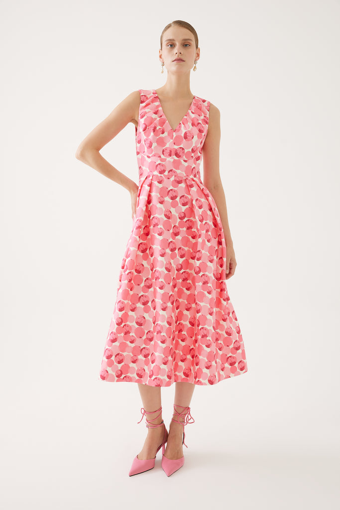 Exquise Pink Dot Print Sleeveless Volume Midi Dress