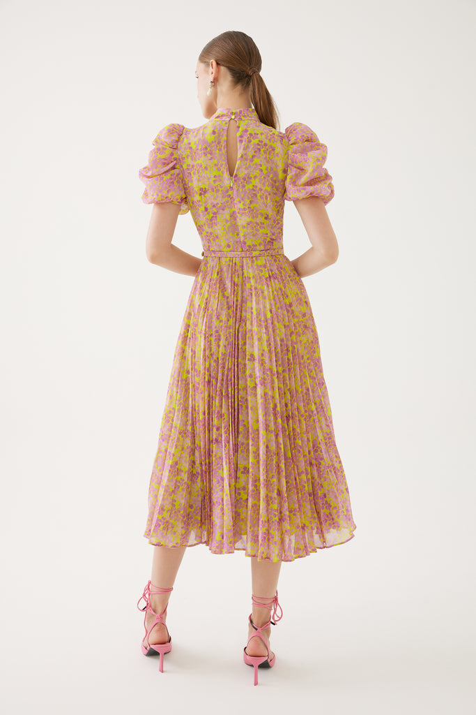  FExquise Pink/yellow Blossom Print Pleated Midi Dressrom The Back