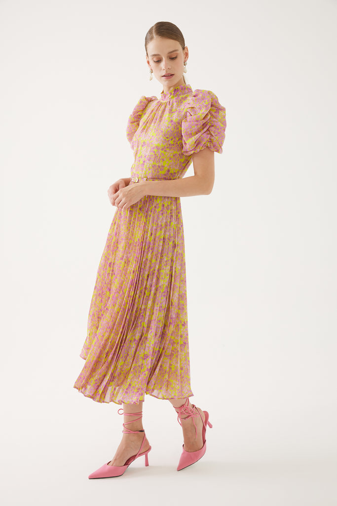 Exquise Pink/yellow Blossom Print Pleated Occasion Dress