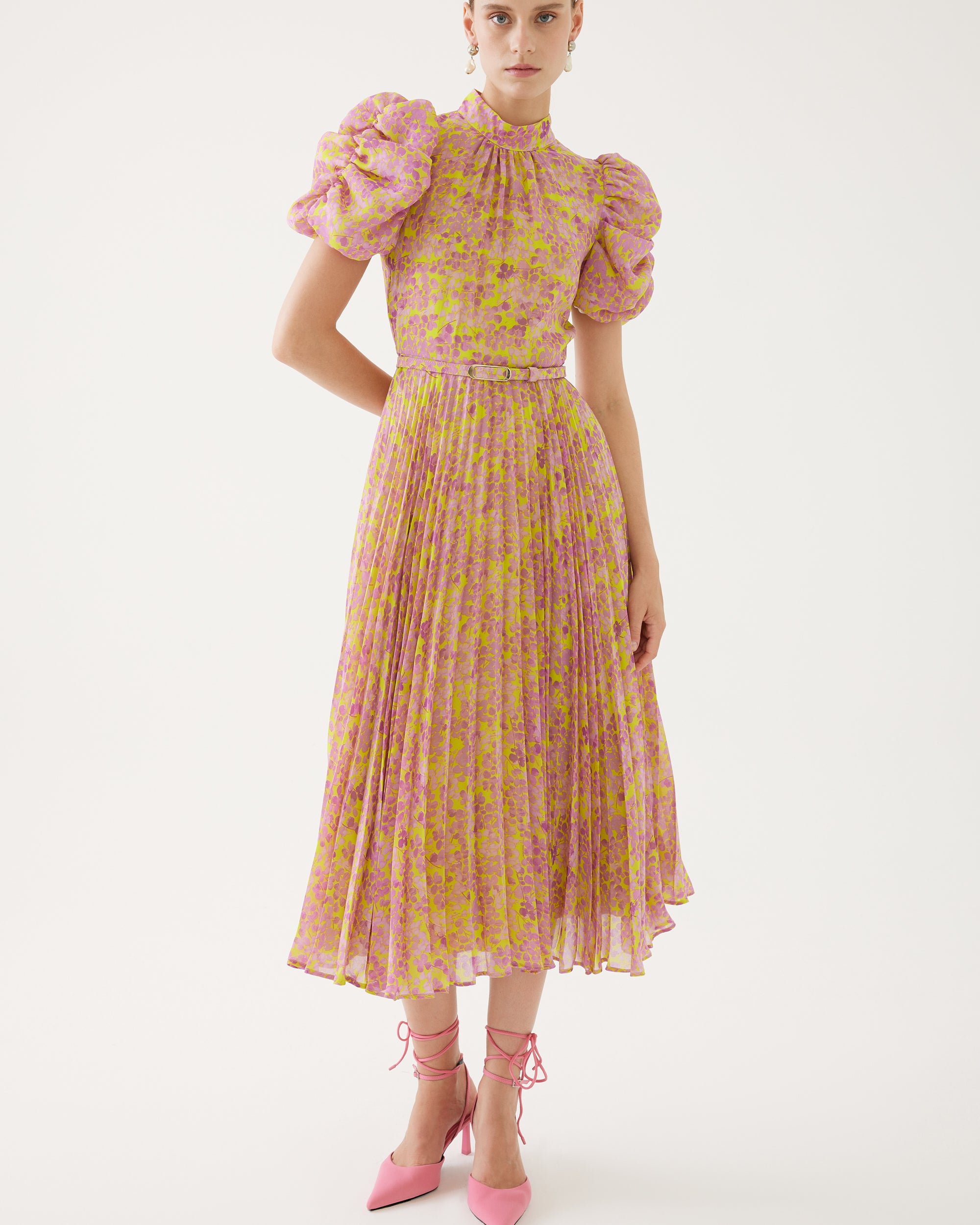 Exquise Pink/yellow Blossom Print Pleated Midi Dress