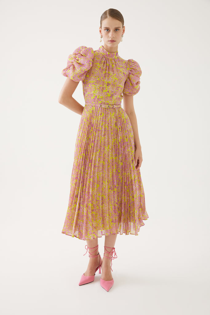 Exquise Pink/yellow Blossom Print Pleated Midi Dress