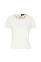 Exquise Abril T-Shirt With Beaded Embellished Neckline - white 