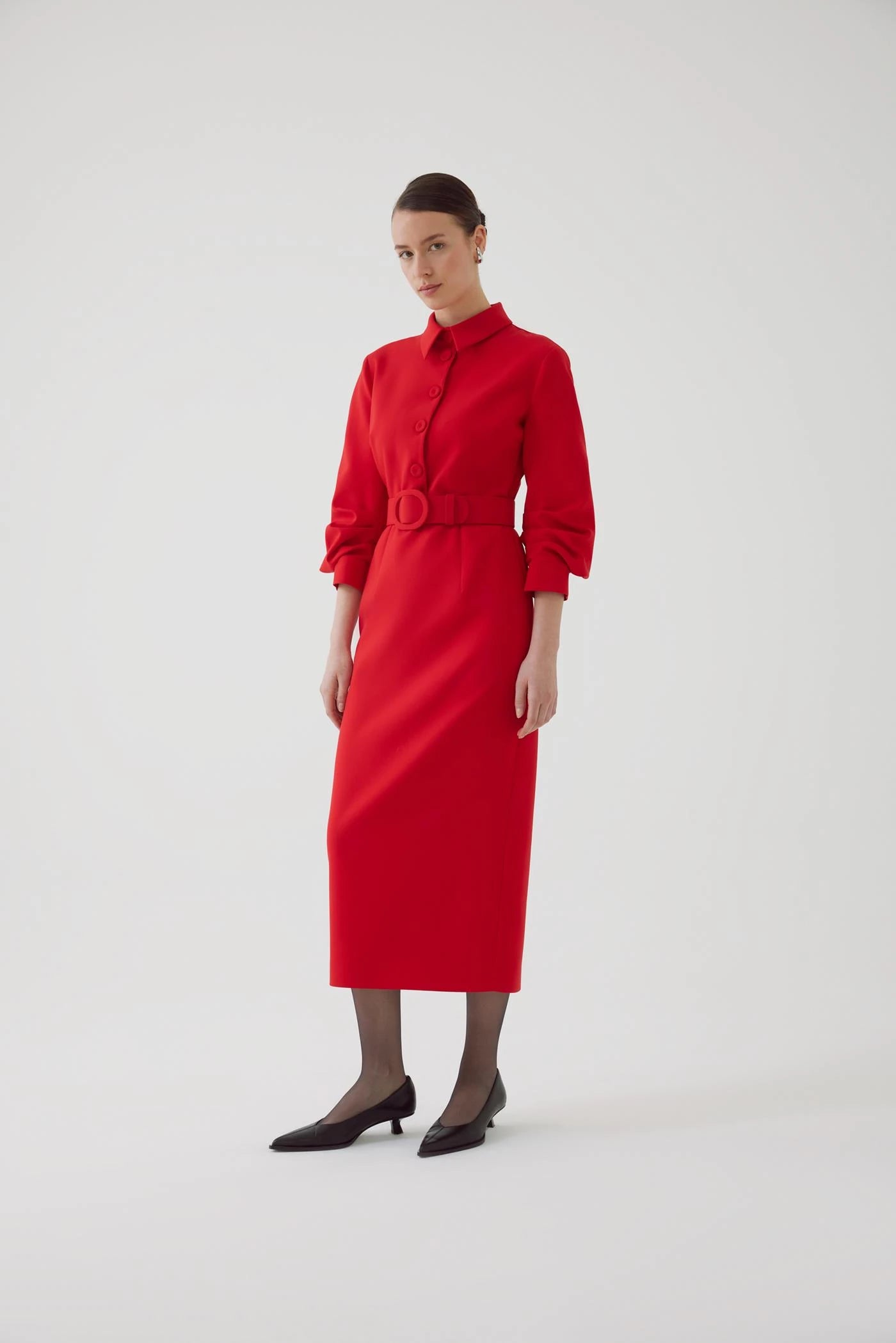 Exquise Adler Red Long Belted Shirt Dress