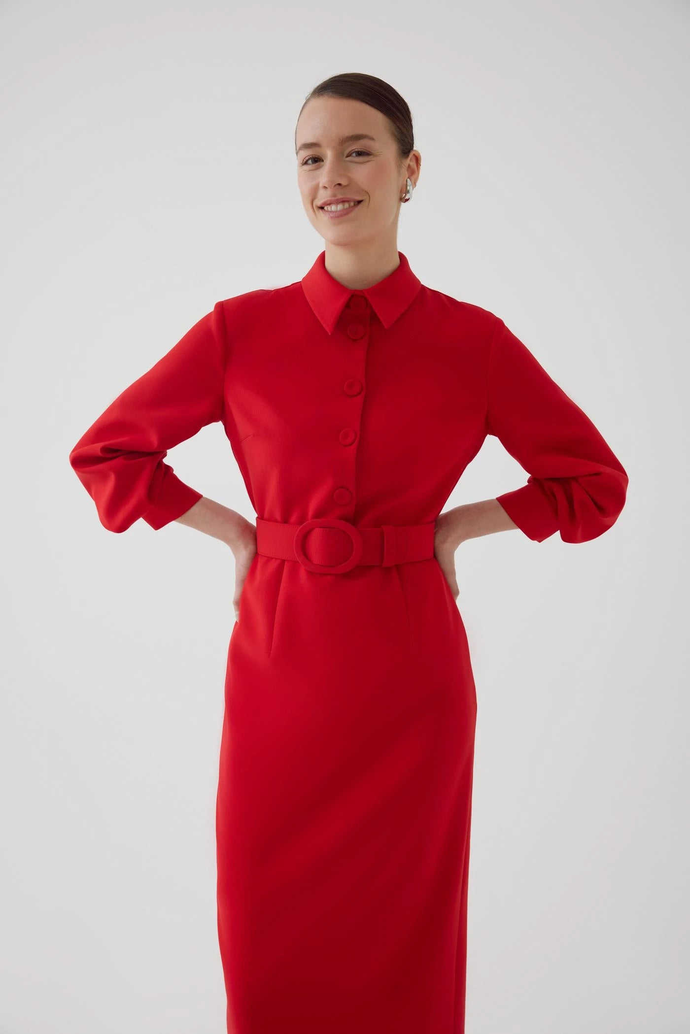 Exquise Adler Red Belted Shirt Dress With long Sleeves