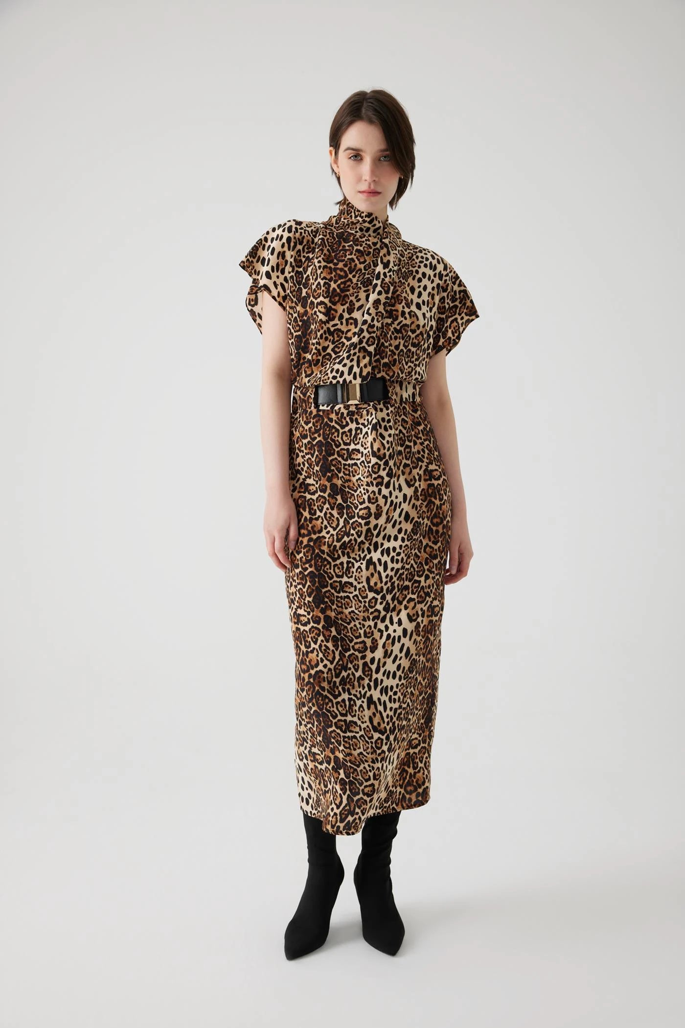 Exquise Alda Leopard Print Midi Dress Batwing Sleeve Dress with Belt Ribbon Rouge Boutiques