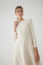 Exquise Angela Cream A-line High Neck Midi Dress With Long Sleeves 