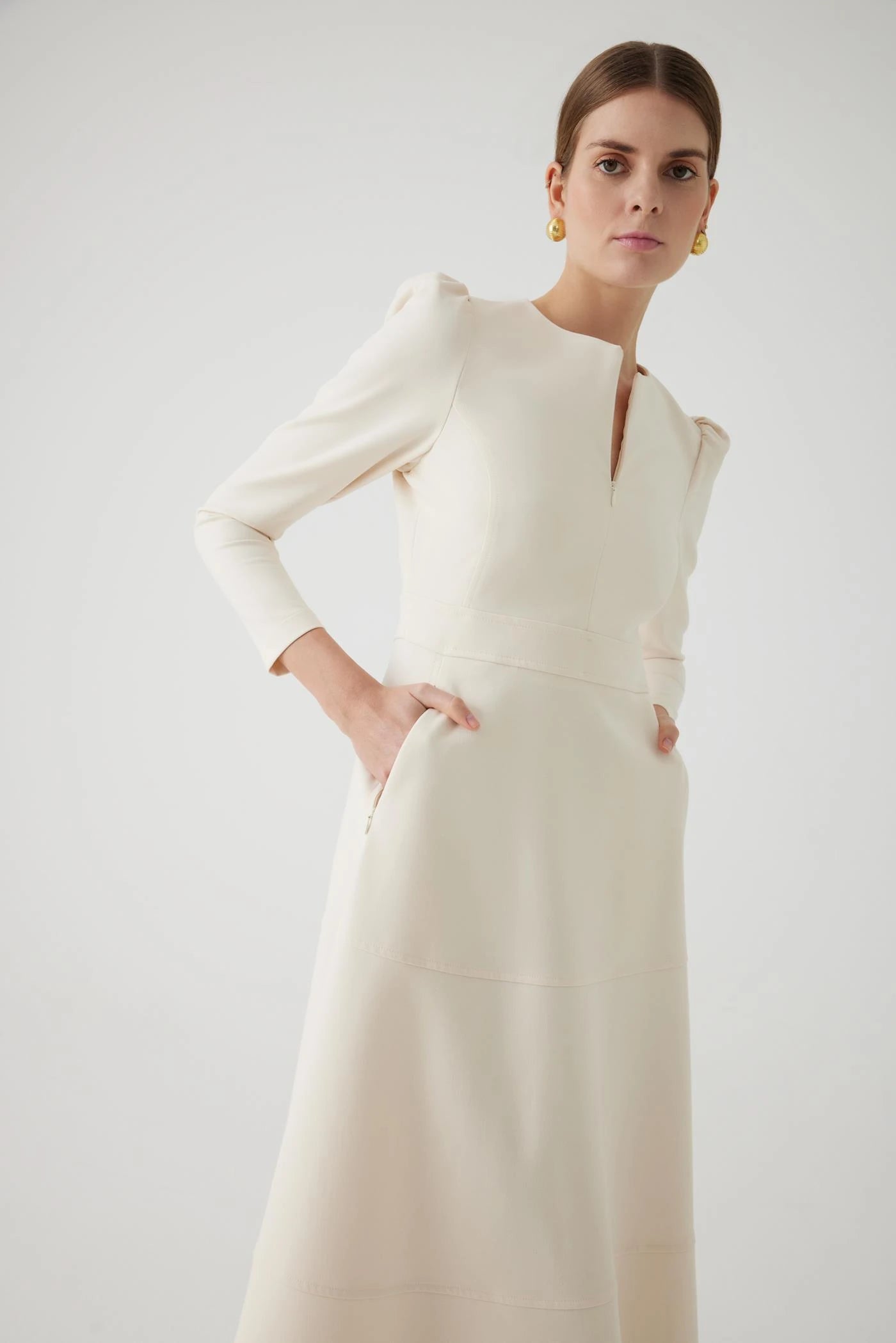 Exquise Angela Cream A-line Zip Neck Midi Dress With Pockets