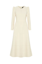 xquise Angela Cream A-line High Neck Midi Dress With Long Sleeves and Puffed Shoulders