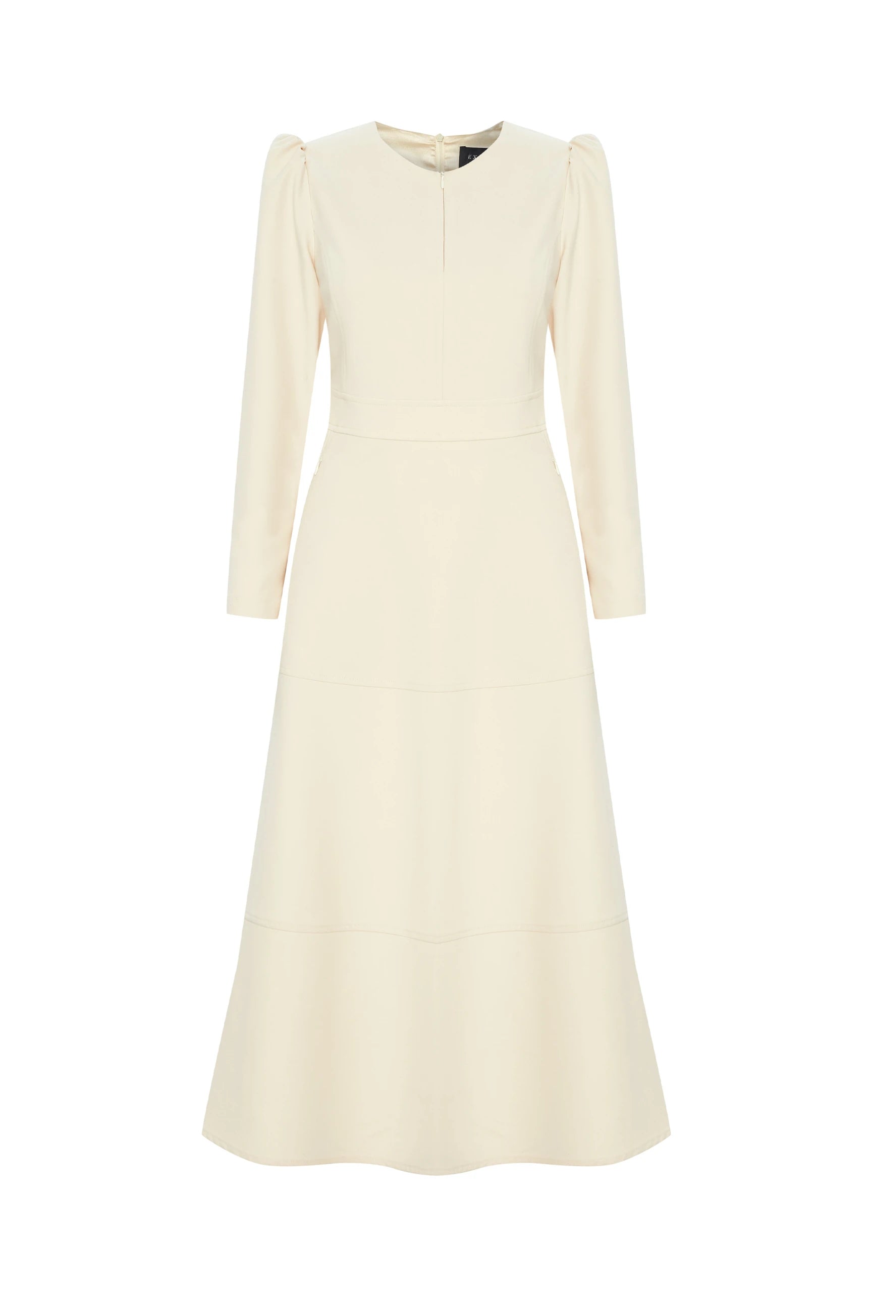 xquise Angela Cream A-line High Neck Midi Dress With Long Sleeves and Puffed Shoulders