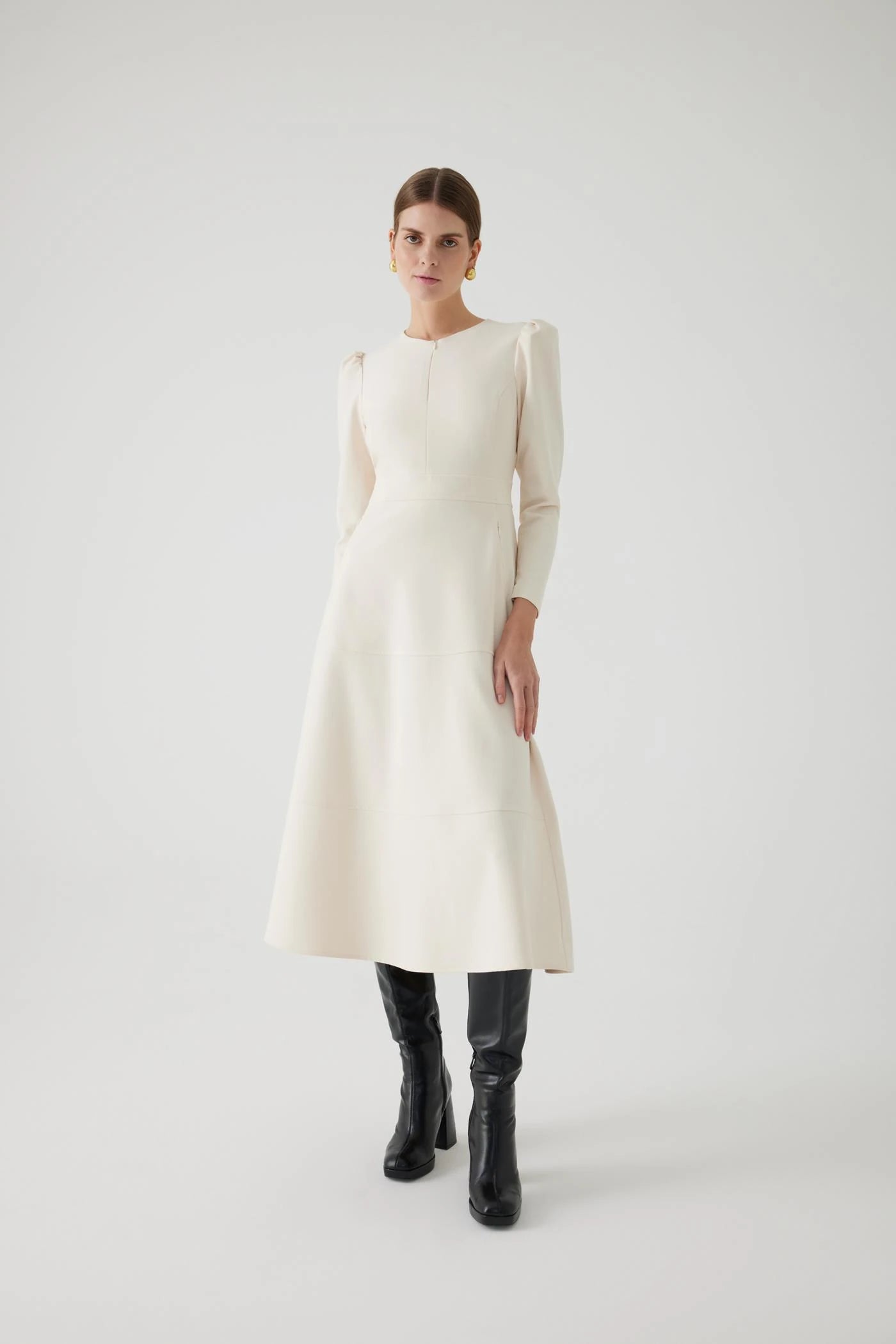 Exquise Angela Cream A-line Zip Neck Long Sleeve Midi Dress