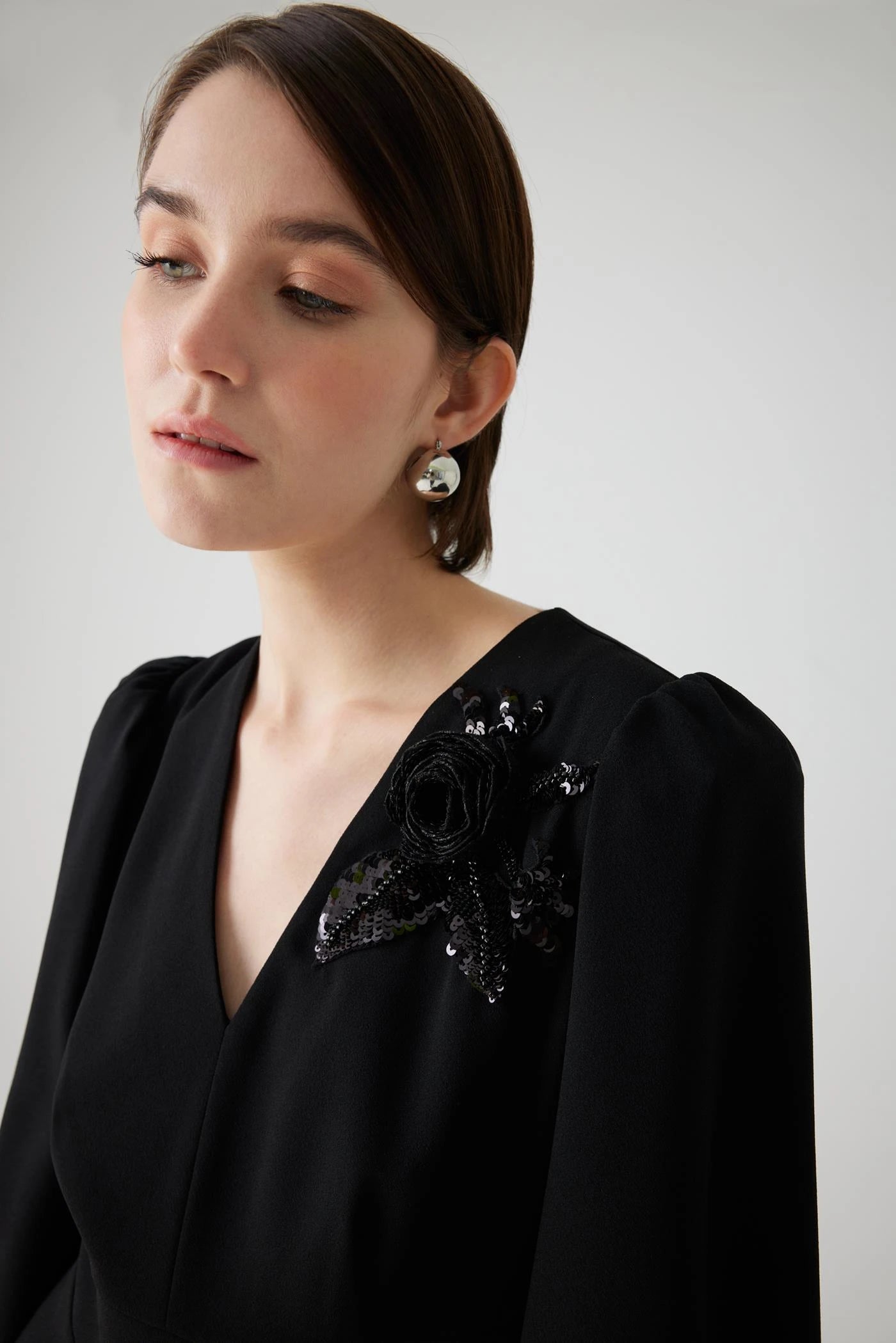 Exquise Austine Black Midi Dress With Sequin Flower Shoulder