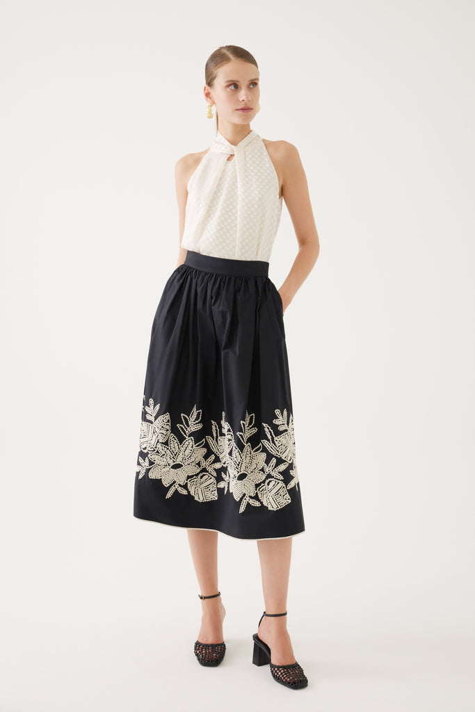 Exquise Black/Cream Embroidered Floral Volume Skirt