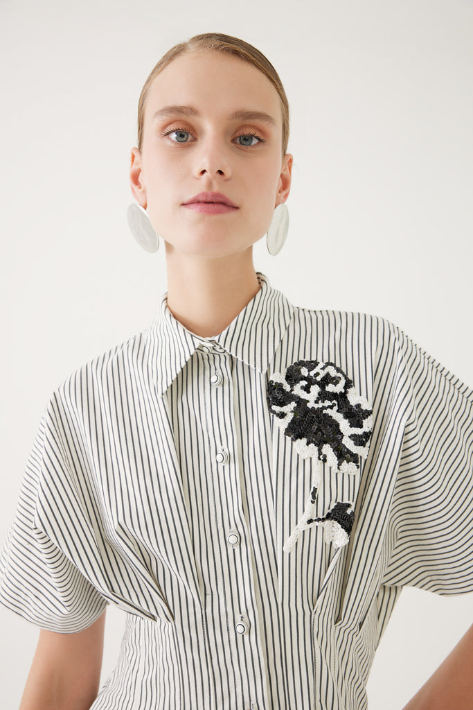 Exquise Black/White Pinstripe Midi Shirt Dress With Rose Motif