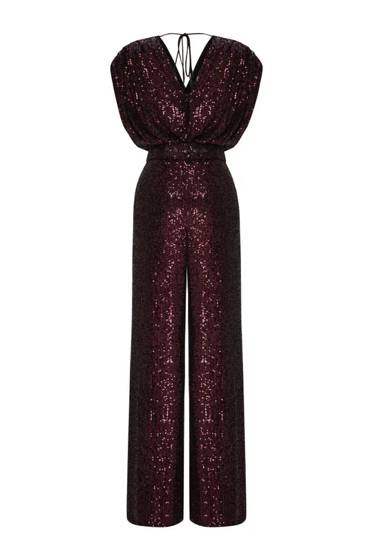 Exquise Bria Burgundy Sequin Jumpsuit Perfect for Christmas Parties Ribbon Rouge Boutiques