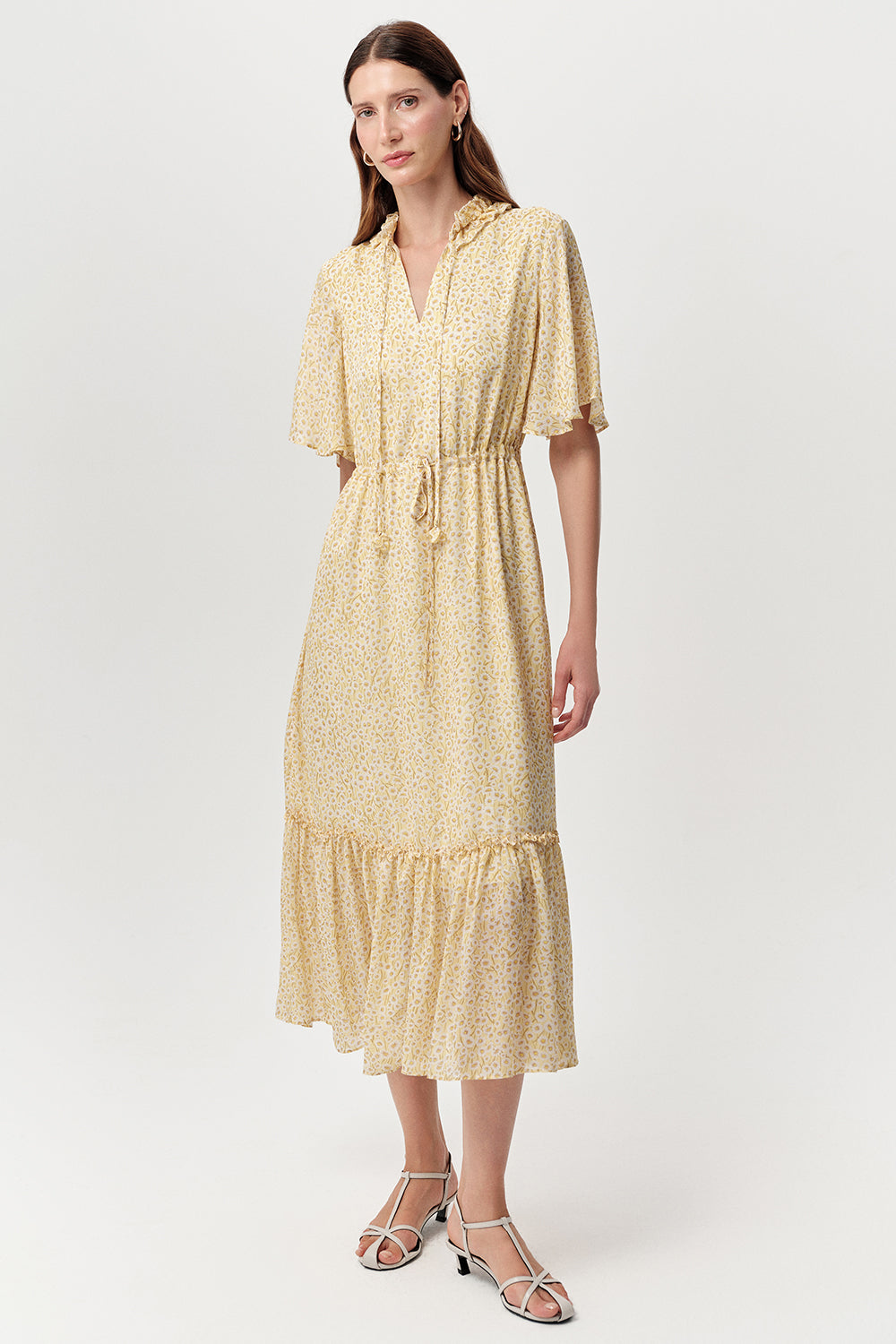 Exquise Douglas yellow tiered daisy midi dress