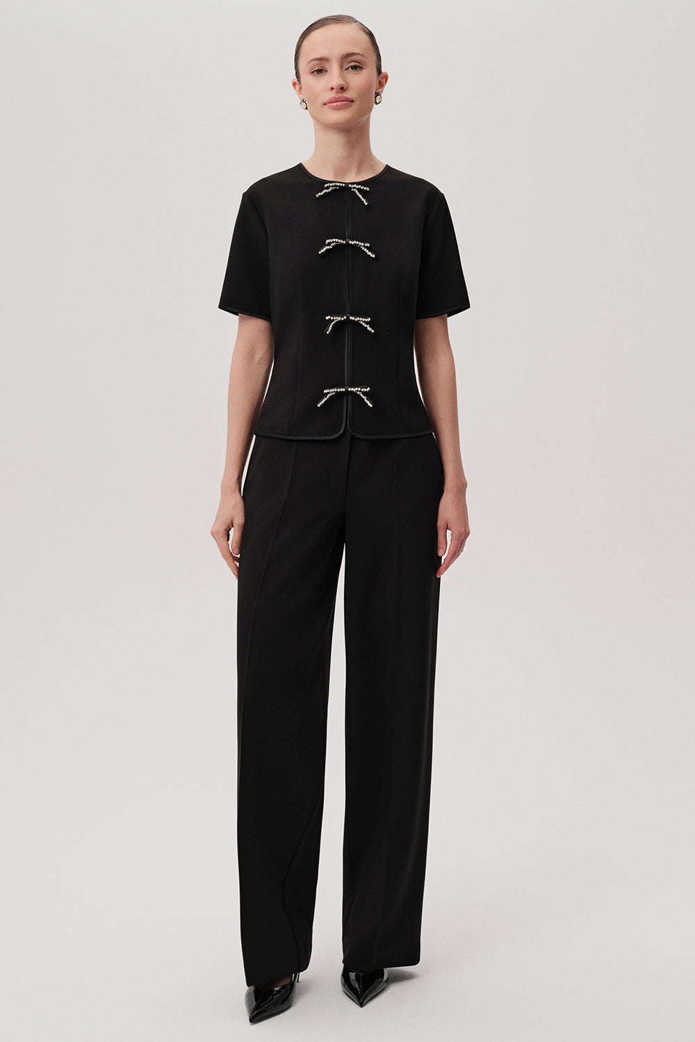 Exquise Dove Black Sparkly Bow Blouse – front view with crystal bows