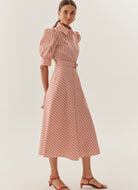 Exquise Elaina Red/Cream Striped Belted Shirt Style Long Dress