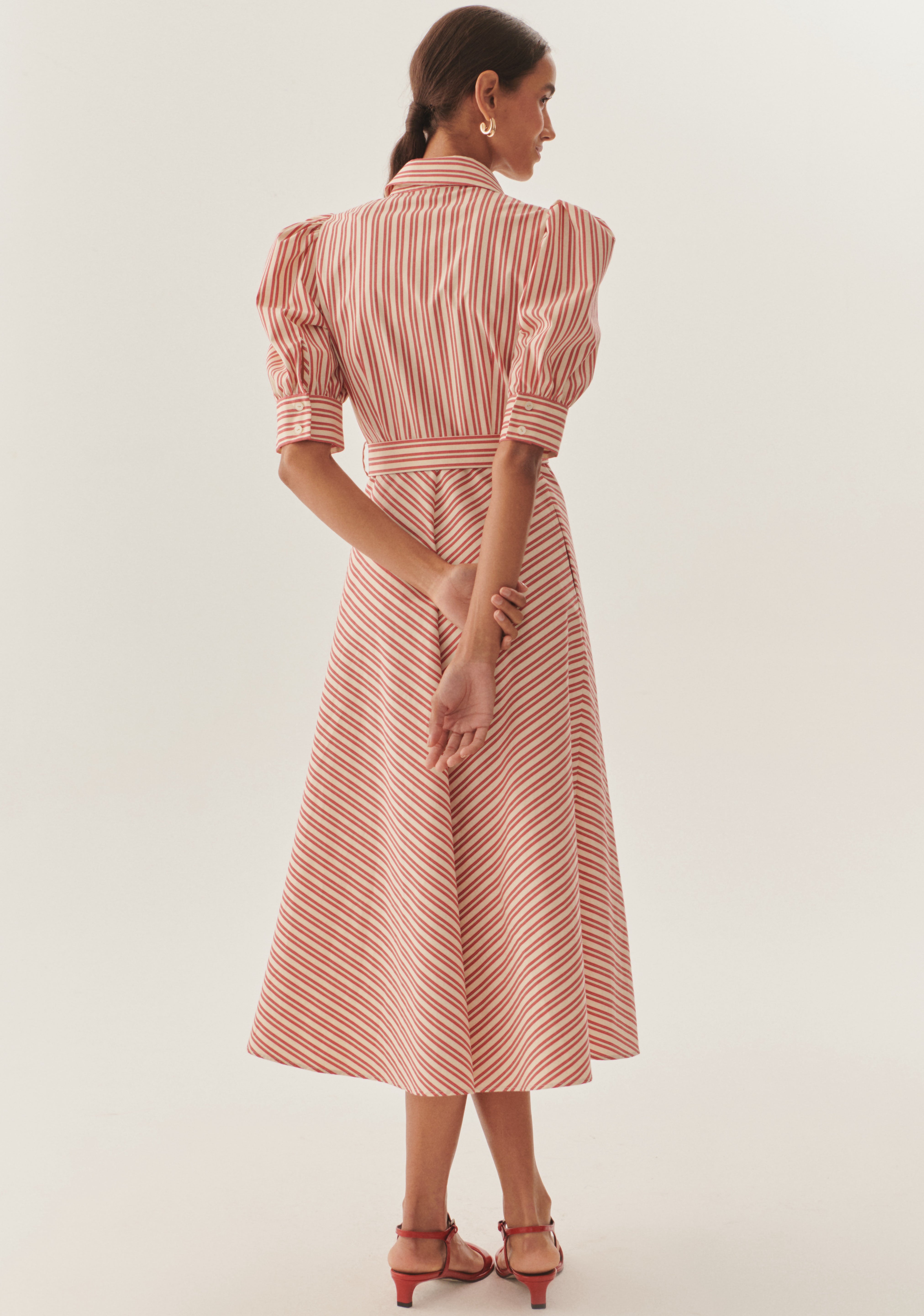 Exquise Elaina Red/Cream Striped Belted Midi Dress From The Back 