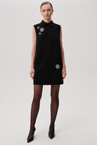 Exquise Embry sleeveless black shift dress with collar – front full length view on model
