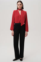 Exquise Ida Black Tailored Trousers – front view full length with satin trims