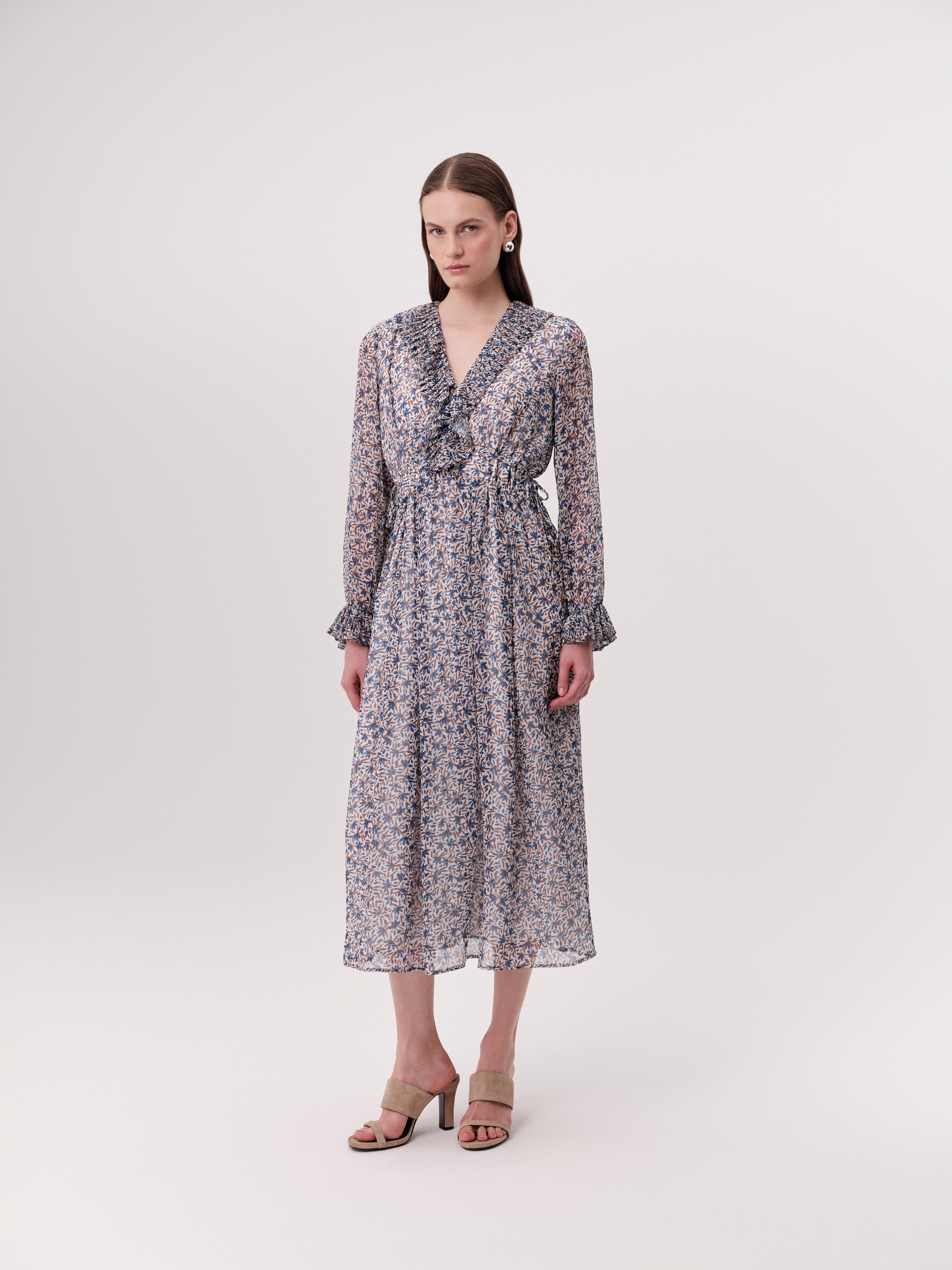 Exquise Katy printed ruffle neck midi dress