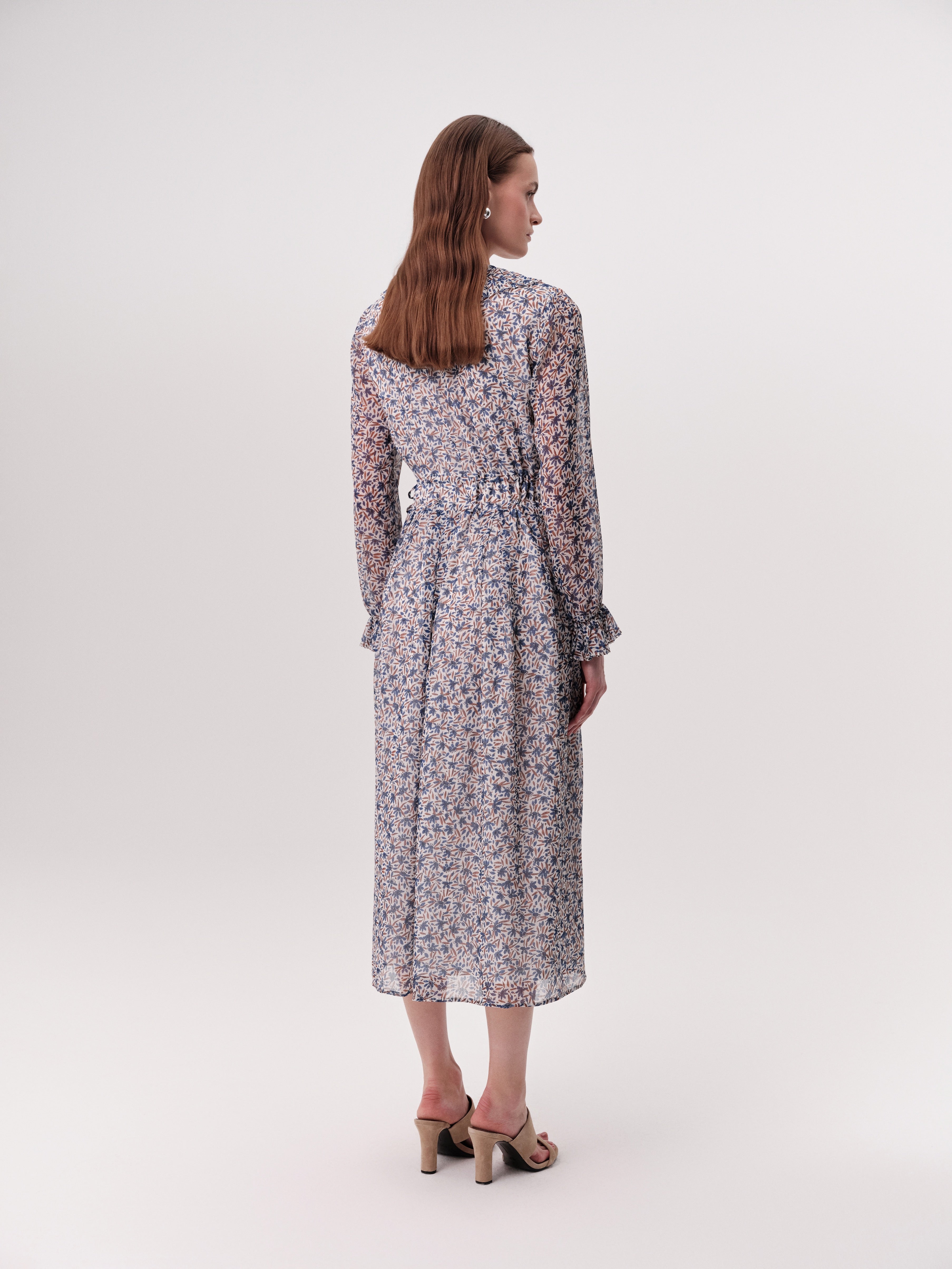 Exquise Katy ruffle neck printed midi dress back view