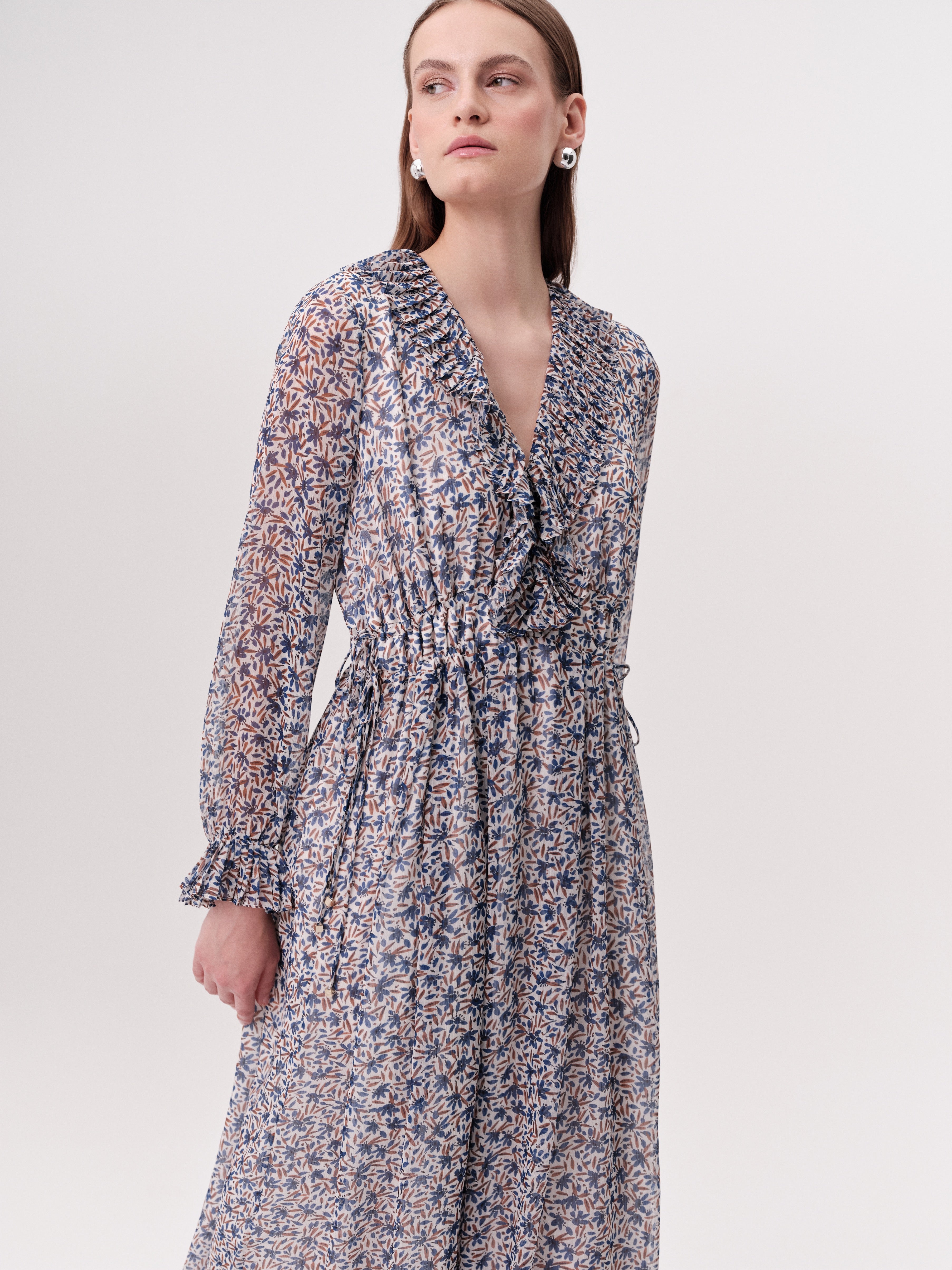 Exquise Katy long sleeve ruffle neck midi dress