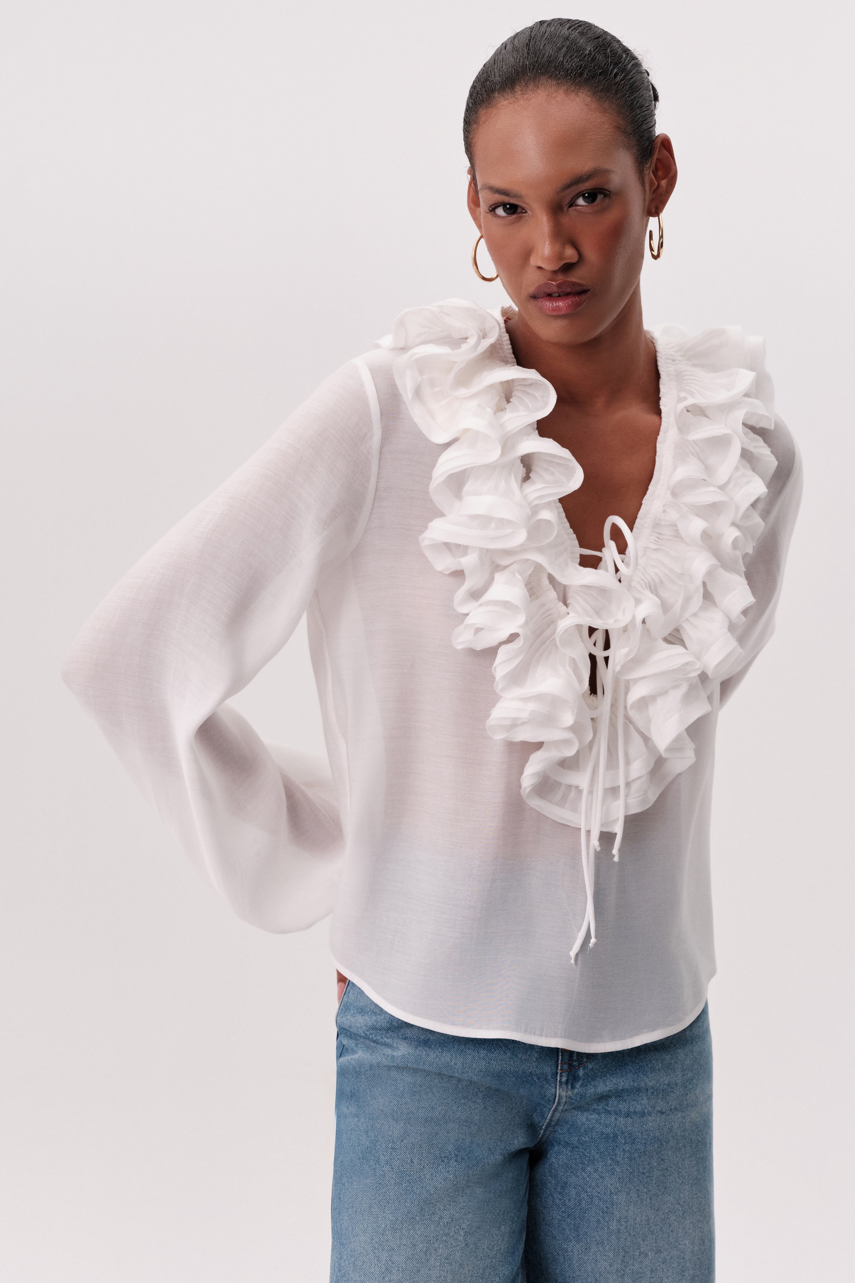 Exquise Keely white frill neckline blouse detail
