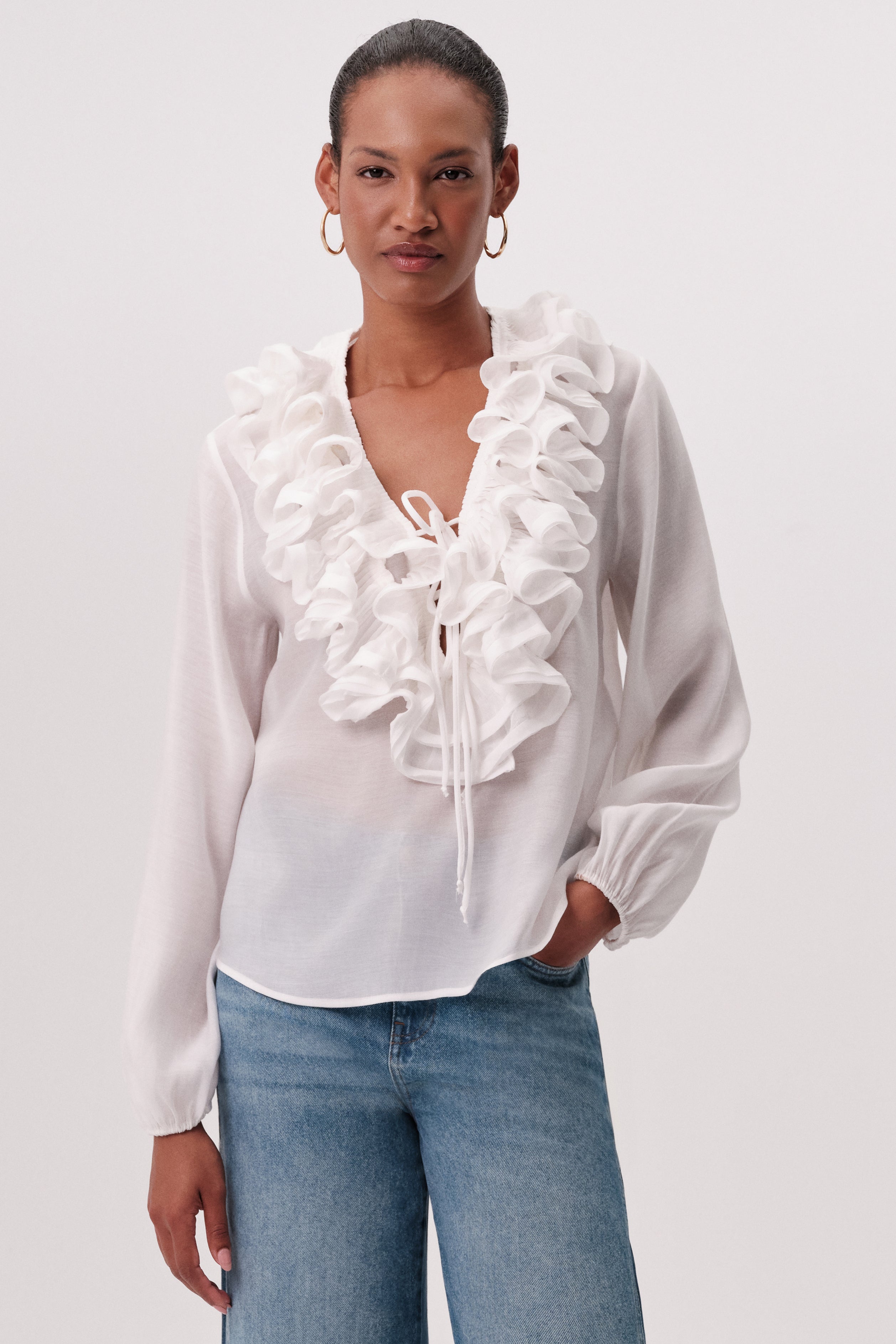 Exquise Keely white frill neck blouse front
