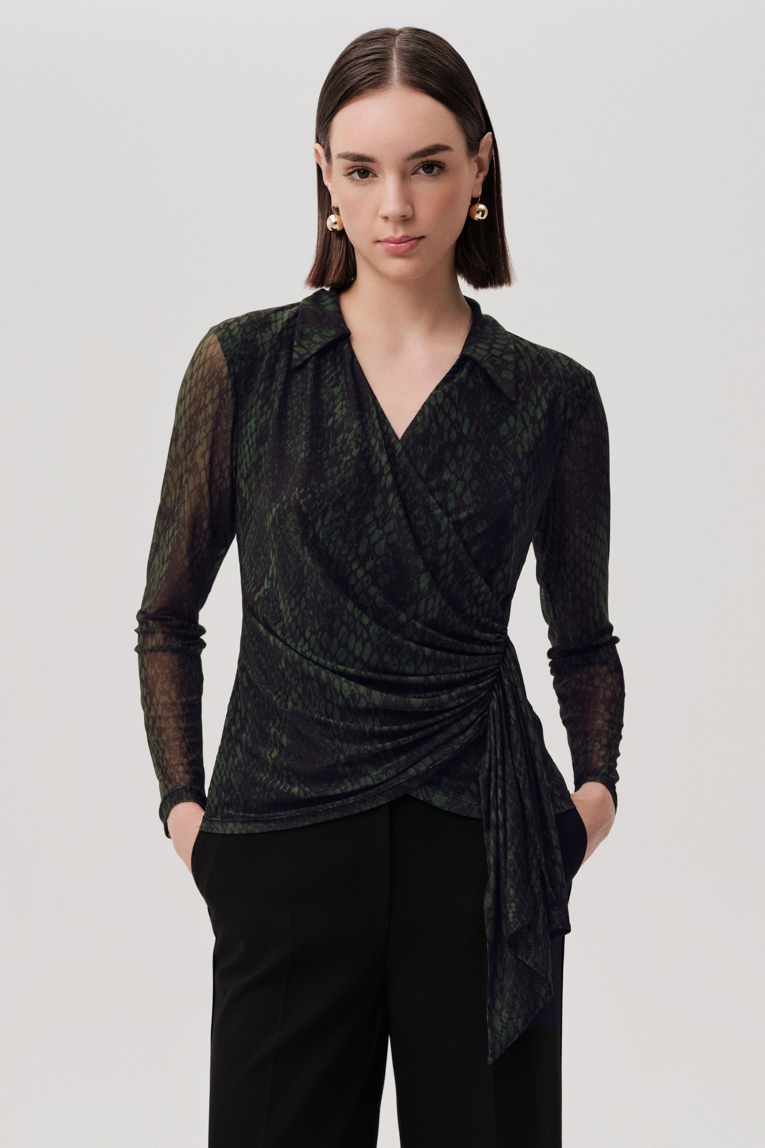 Green animal print wrap blouse with long mesh sleeves – Exquise