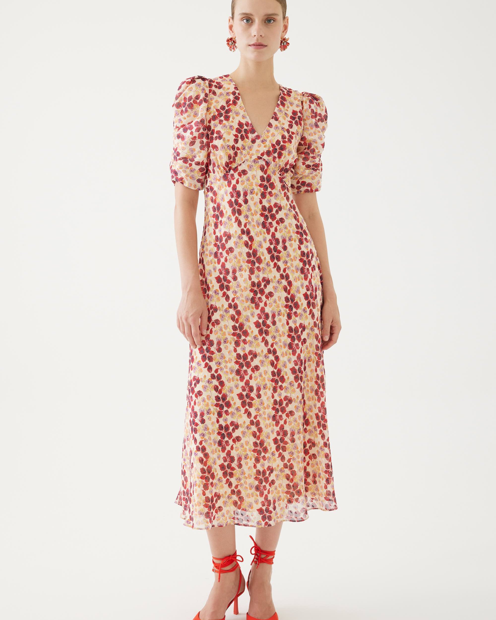 Exquise Leaf Print Midi Dress With Shirt Puffed Sleeves