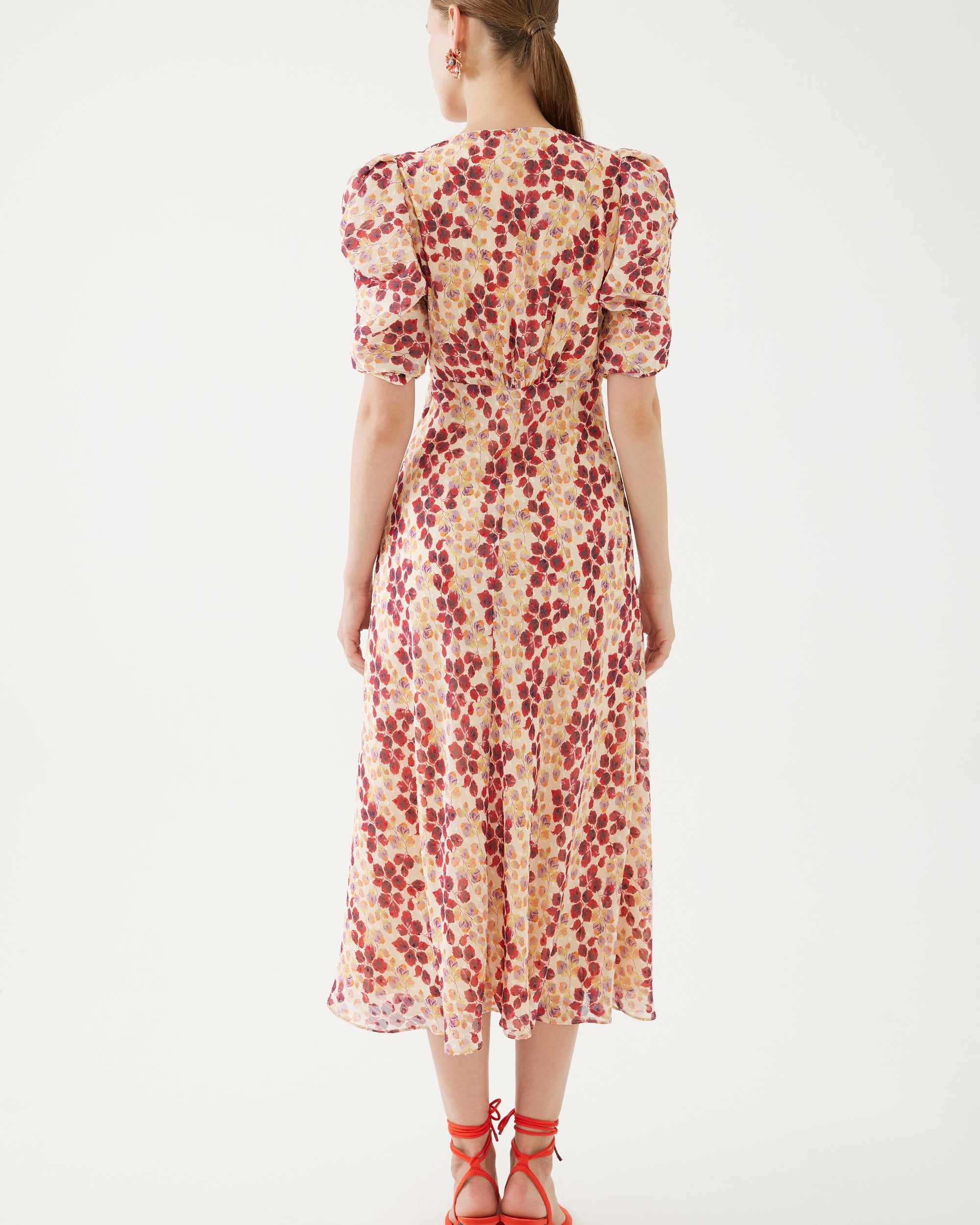 Exquise Leaf Print Midi Dress With Puffed Sleeve From Back