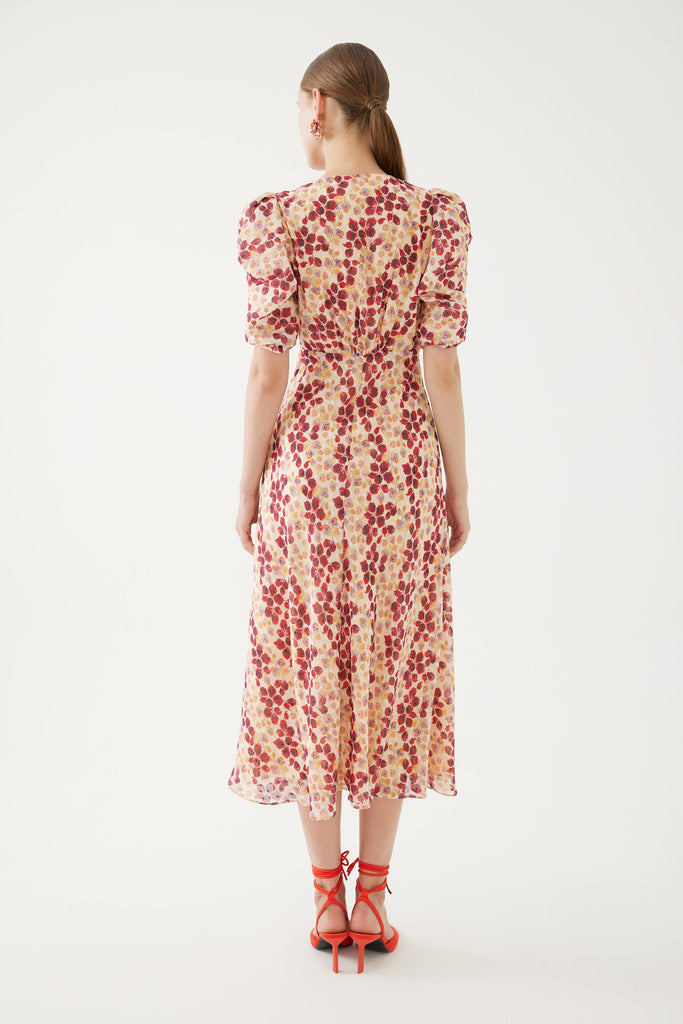Exquise Leaf Print Midi Dress With Puffed Sleeve From Back