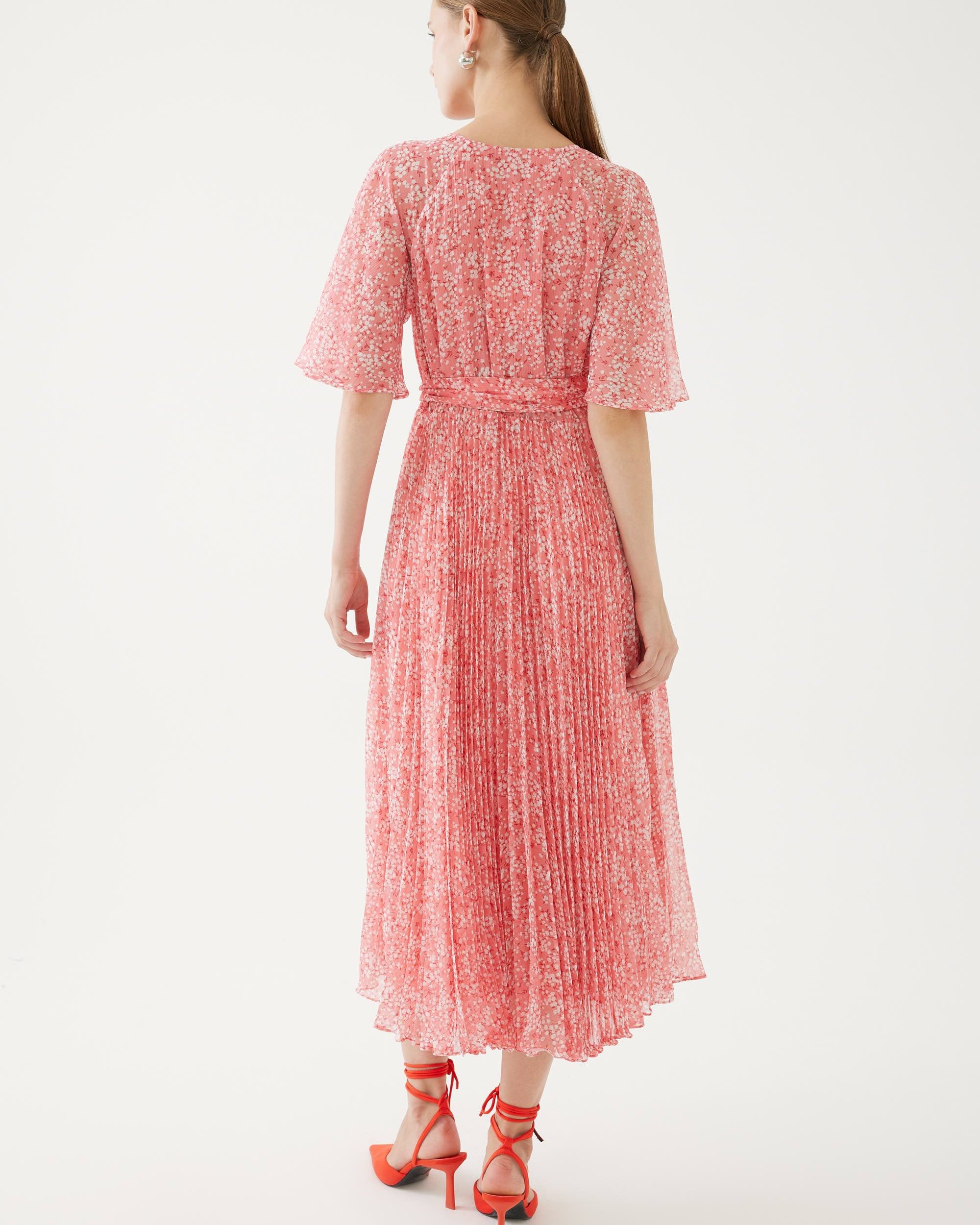 Exquise Pink Blossom Print Pleated Midi Dress From The Back